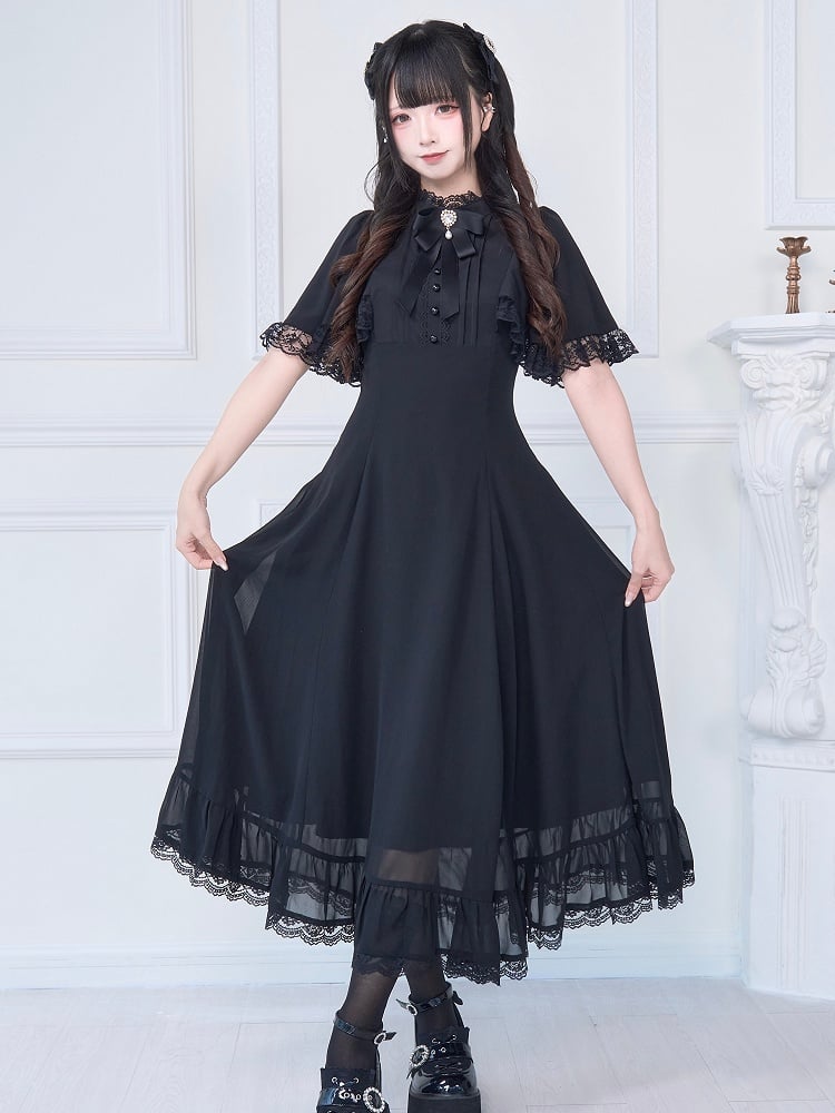 Lace Trim Long Dress with Free Bowknot Brooch Jirai Kei All Black