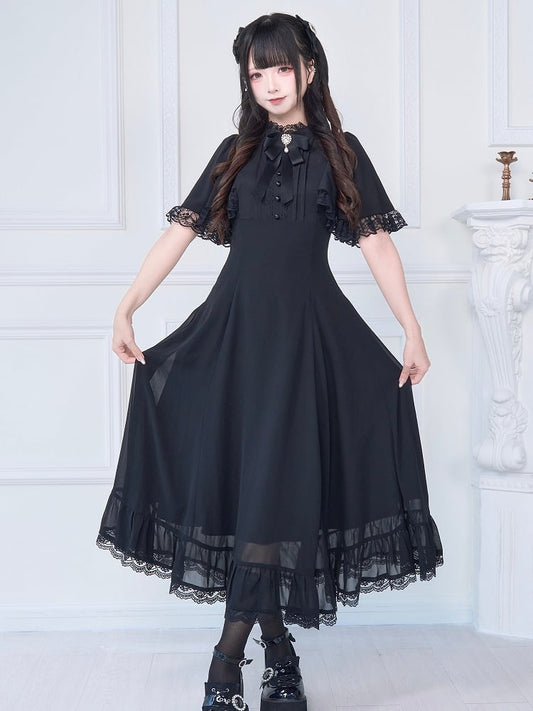 Lace Trim Long Dress with Free Bowknot Brooch Jirai Kei All Black