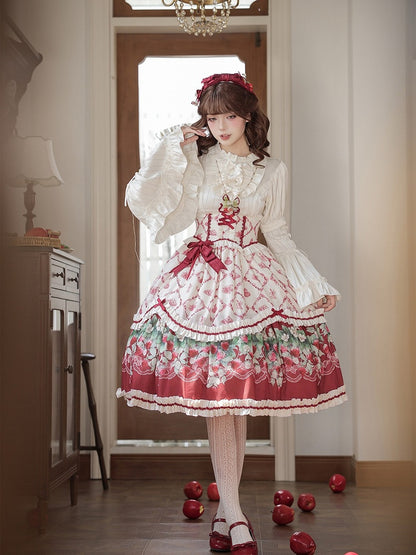Elastic-Waist Lolita Skirt Featuring Strawberry Floral Motif - Currant