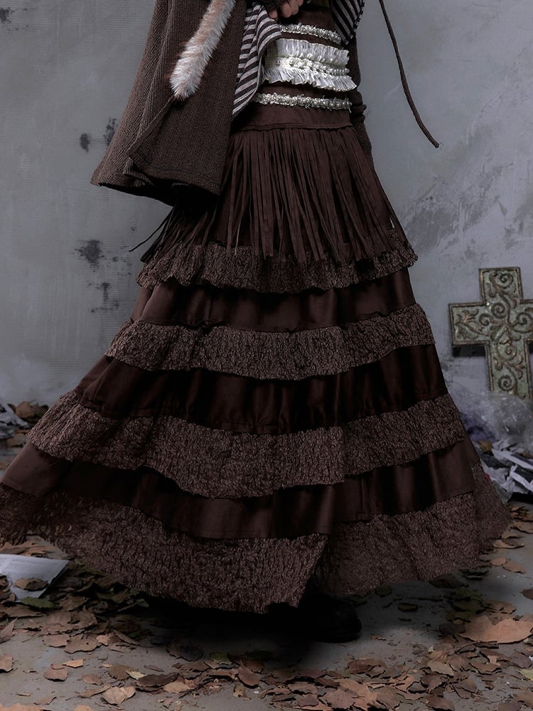 with Layered Trim Waist Ribbon Skirt Vintage Brown Lace Bohemian Suede Bead