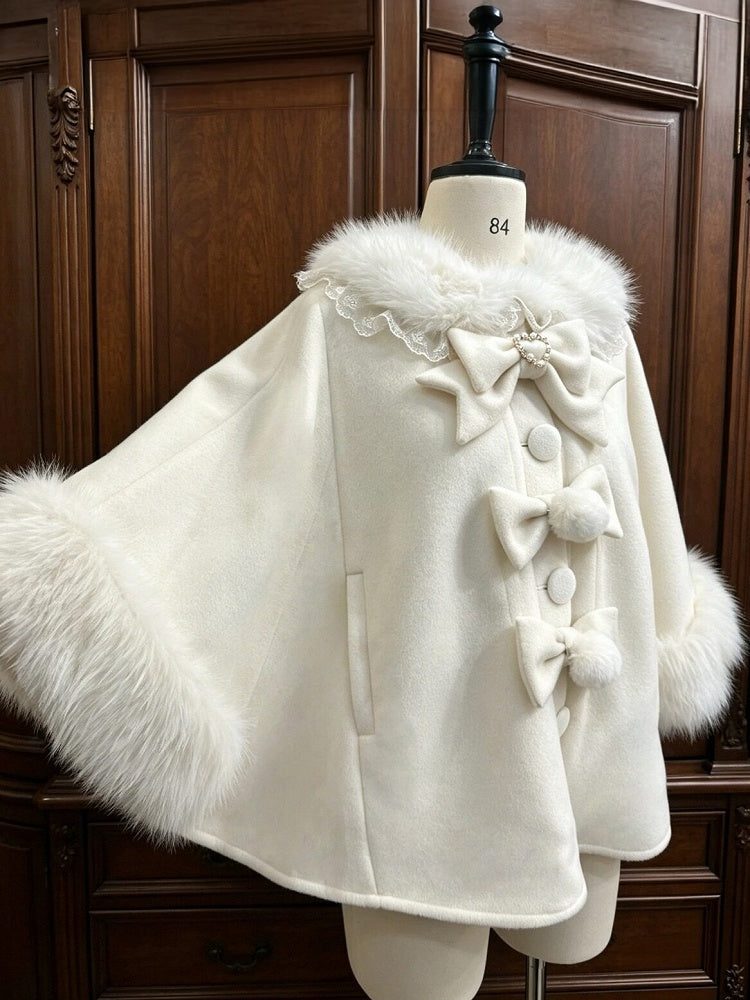 Velvet Lolita Cape in Sweet Beige with Detachable Fur Collar and Bow - Star Fantasy
