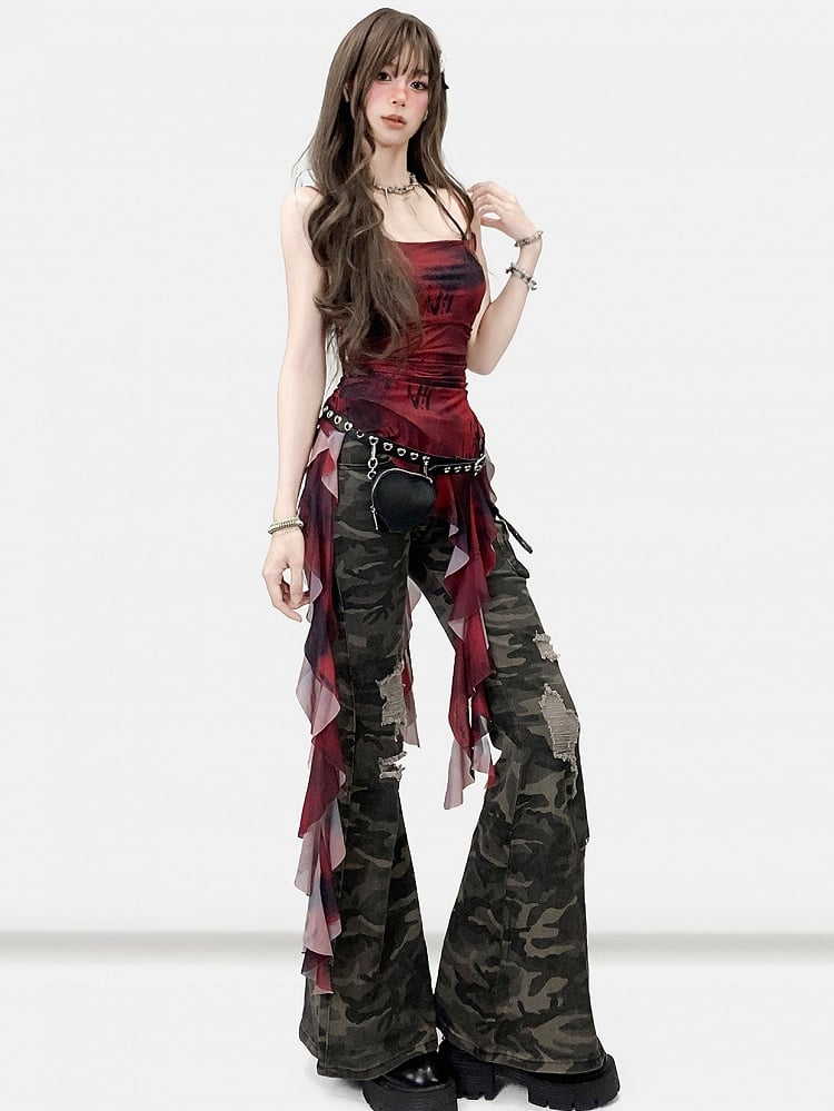 Wine Cascading Red Ruffle Hem Dye Tie Cami Design Top Asymmetrical Accents