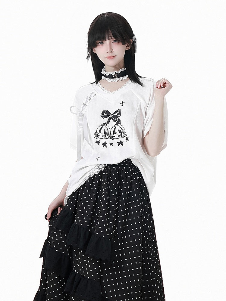 Free Choker T-Shirt White V-Neck Lace-up Detail Blokecore Graphic with