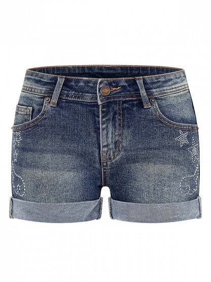 Blue Straight-Leg Denim Shorts with Star Rhinestone - Languid Park