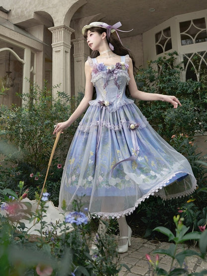 Purple Oil Painting Print Lolita Jumper Skirt Dress with Bustier-Style Boned Bodice - Haw Berry