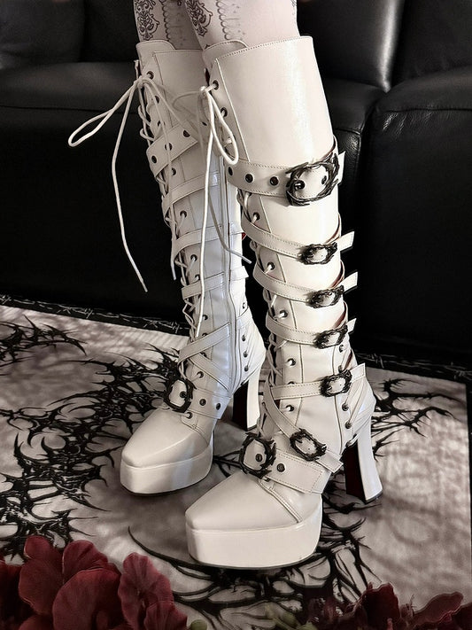 White Pointed-Toe Gothic Knight Boots with 11CM Chunky Heel & Thick Sole - sphenoid