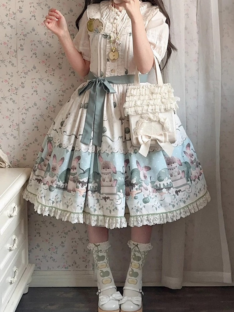 with Green Beige Trim Print Sweet Dress Lace Apple Bunny Lolita and