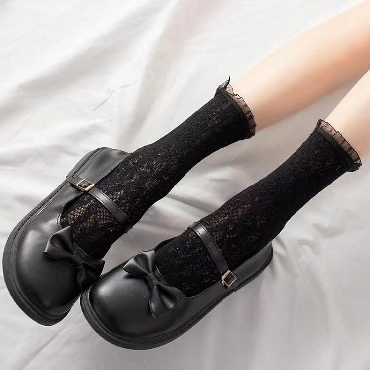 White Floral Pattern Ruffled Cuff Lace Socks