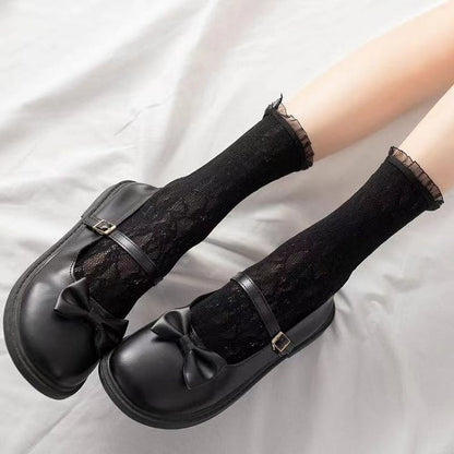White Floral Pattern Ruffled Cuff Lace Socks