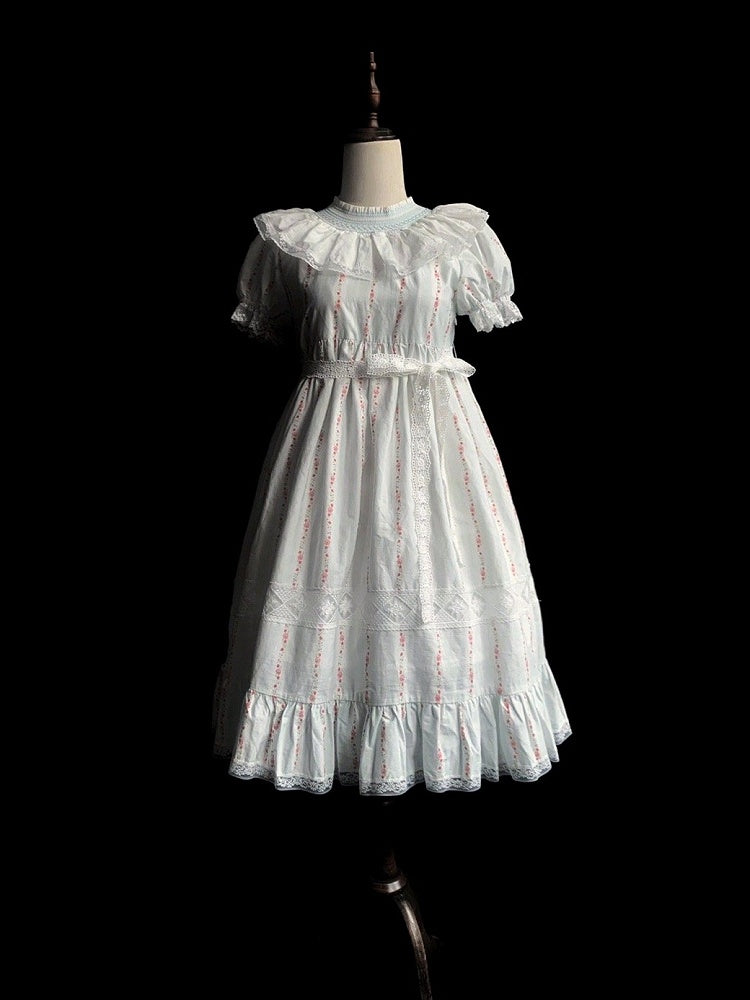 Leichtes Baumwollkleid mit Ärmeln und Taille, süßes Lolita-Kleid mit hohem Puffärmeln in Blau