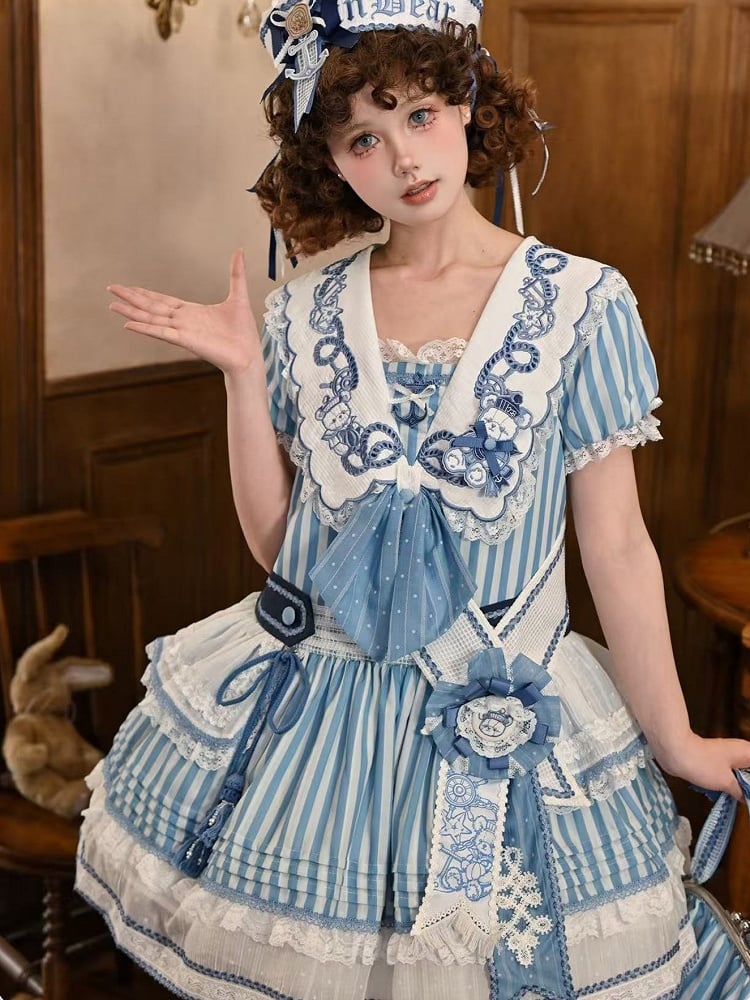 Light Blue Striped Low Waist Sailor Dress with Embroidery - Twin Bear Original Design