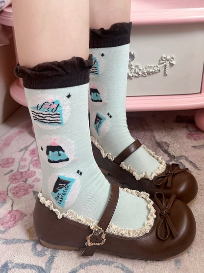 Sweet Cake Chocolate Lolita Cotton Mint Green Socks Pattern