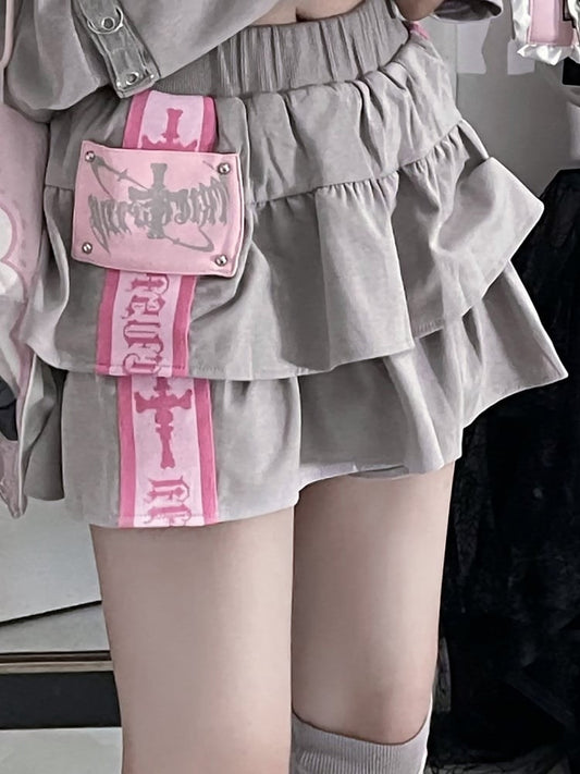 with Trim Cross Ruffle Multi-Layer Skirt Pink Text Gray