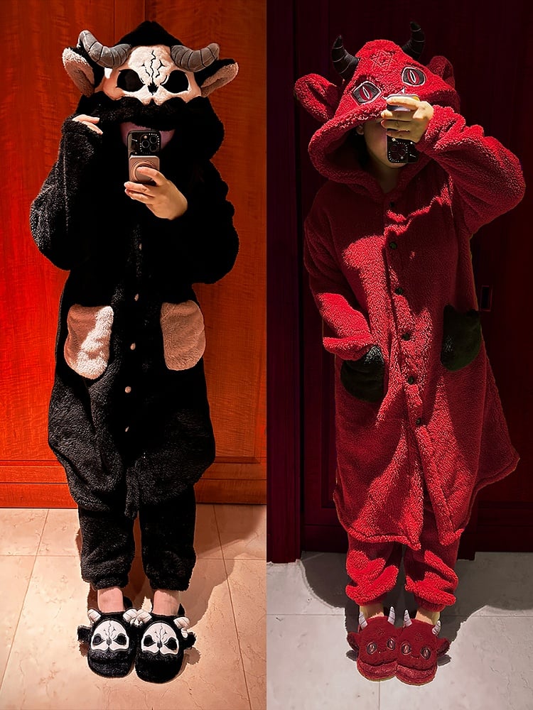 Gothic Pants Pajama with Winter Plush Nightgown Set Red Devil