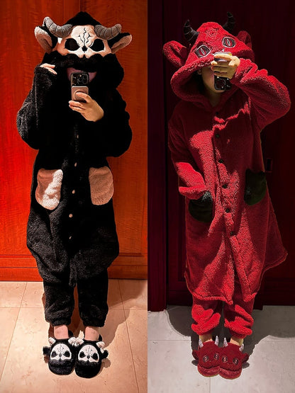 Gothic Pants Pajama with Winter Plush Nightgown Set Red Devil