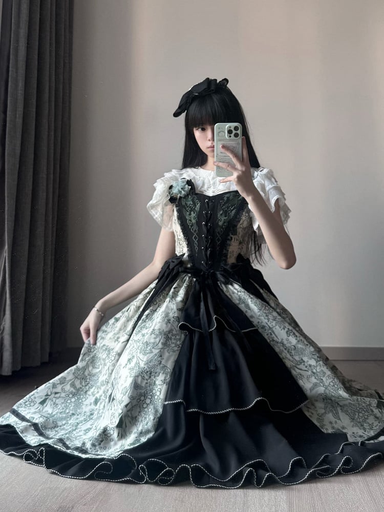 Green Forest Elegant with Print Animals Dress Lolita Bodice and Corset