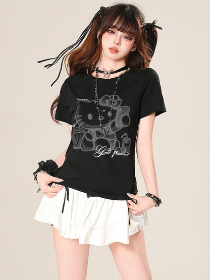 レターブラック/ホワイトキティビタースイートTシャツプリントとグラマラス