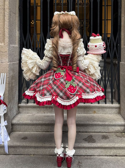 Lolita Plaid Strawberry Sweet Red Hem Scalloped Trim with Tartan Themed Dress Edge