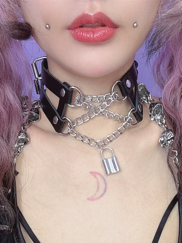 Black/White Lock Detail Y2K Pendant PU Choker Lace-up