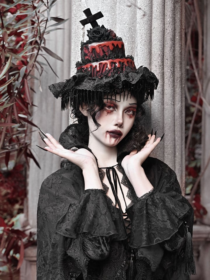 Black Detachable Hat Goth Red Veil and with Halloween