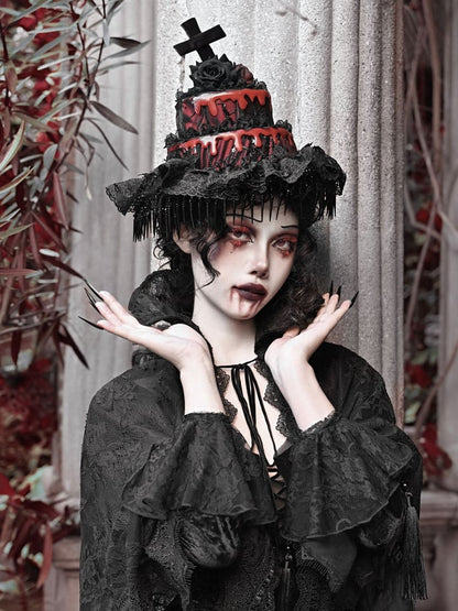 Black Detachable Hat Goth Red Veil and with Halloween