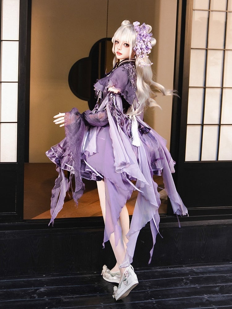 Asymmetrical Purple Lolita JSK with Floral Embroidered Capelet and Removable Sleeves Set - Xiong Dou Jiang
