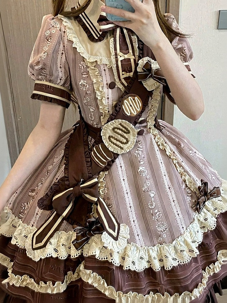 Chocolate Short Sleeve Lolita OP Dress with Lace - Lineall Cat