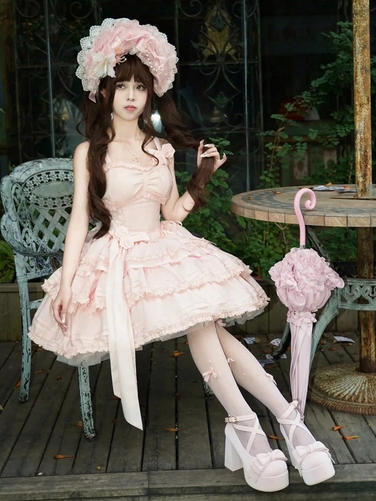 with Lingt Pink Lolita Accents Boned Dress JSK Flower Ruffle Layered