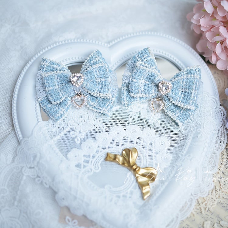 Black/Blue/Pink/Apricot Heart Rhinestone Jirai Kei Bow Hairclips