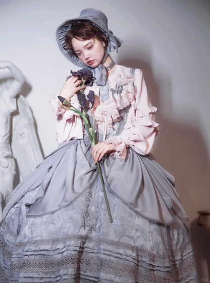 Sleeves Front Long Pink with Blouse Lace-Up Ruffled