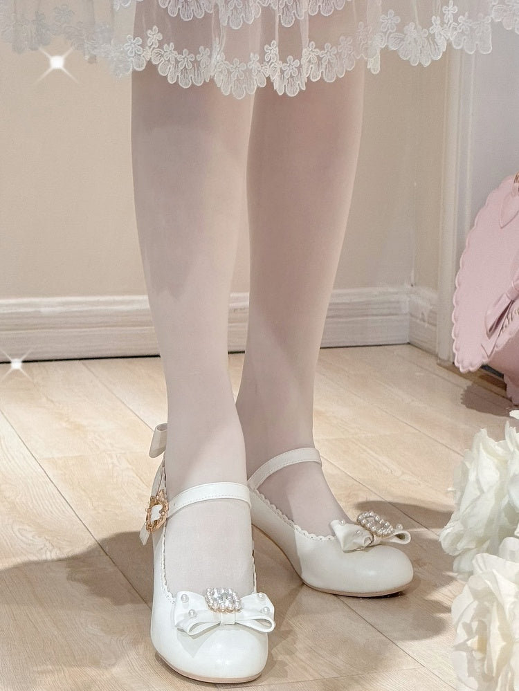 ラウンドロリータラインストーンメリートゥ装飾ディテールホワイト＆ビーズボウノットジェーンズシューズ