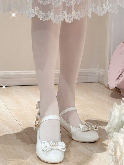 ラウンドロリータラインストーンメリートゥ装飾ディテールホワイト＆ビーズボウノットジェーンズシューズ