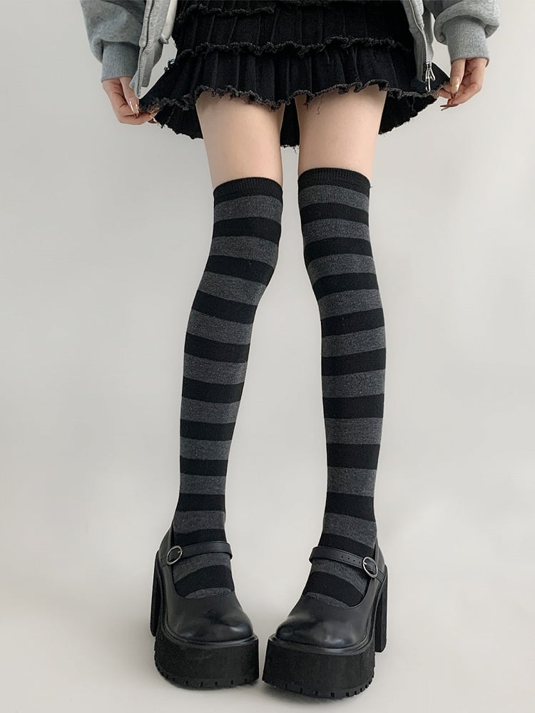 Wide-Striped Bold Stockings Over-the-Knee