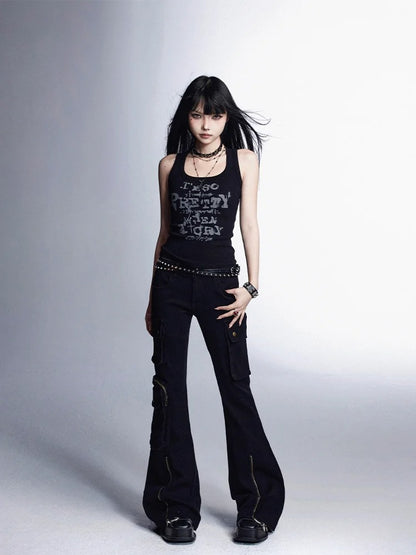 Schwarzes Vintage-Tanktop mit Buchstabendruck und schmaler Passform, glamourös