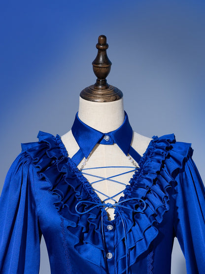 Deep Sea Blue Layered Ruffles V-neck Long Sleeves Shirt with Detachable Bead Chain Cutout Back - DevilInspired Exclusive Collection