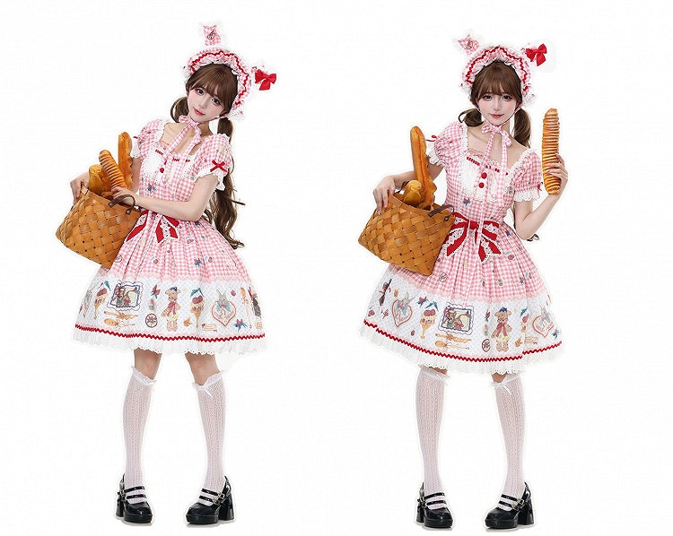 Dress Sweet Lolita and Teddy Cherry Dessert Gingham Pink Print