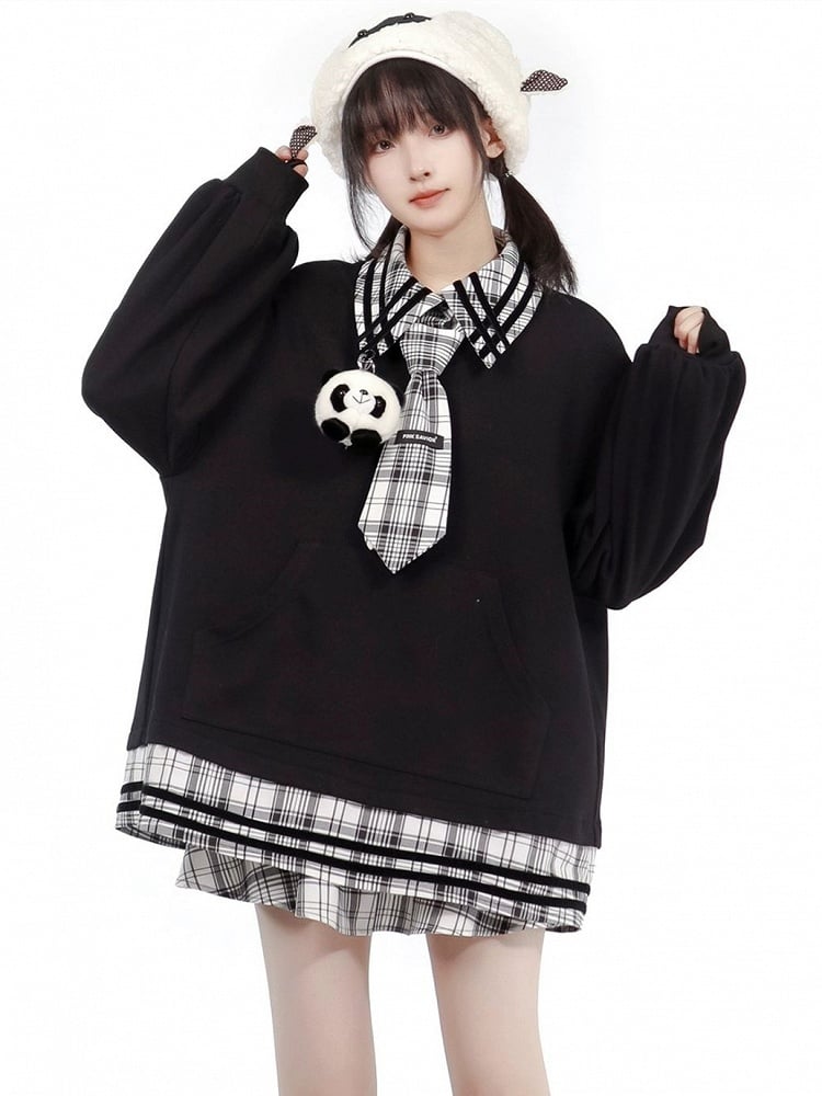 Panda Toy Sweatshirt Black Splicing Plush Plaid with