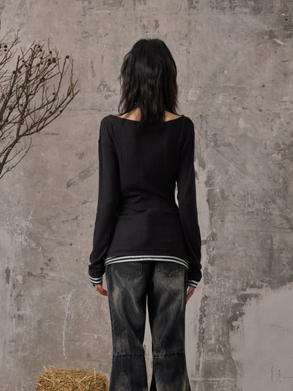 With Two-Piece Knit Detail Leopard Faux Punk Zipper Patch Black Top Cross