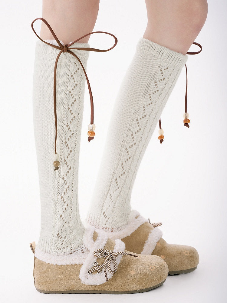 Detail with Bow Socks Knit 5-Color Bead Calf Pointelle