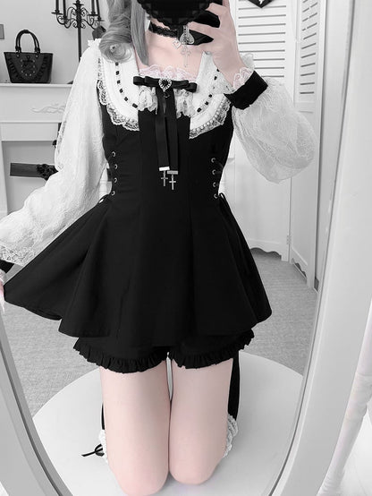 Kei Plaid Set: Matching Black Tie Jirai Shorts with Mini Dress Two-Piece Collar Beaded Waist / Side