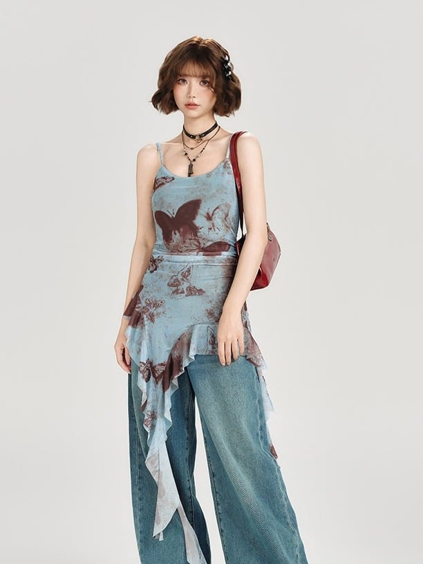 Retro Butterfly Print Summer Top with Cascading Ruffles - Girlyhalo