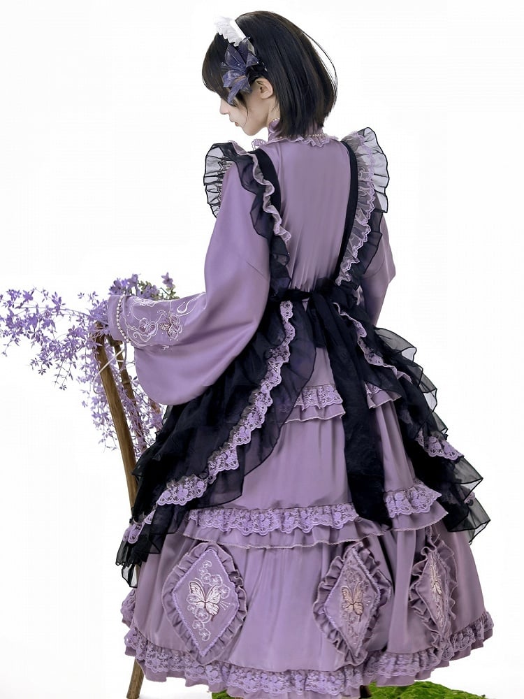 Zarte Schmetterling Schürze Lolita Kleid Schwarz Set Lila Han und Stickerei Voll Floral +
