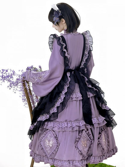 Zarte Schmetterling Schürze Lolita Kleid Schwarz Set Lila Han und Stickerei Voll Floral +