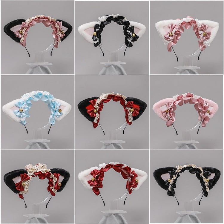 Bell Sweet Plush / Wine KC Black Lace Ears Red Decorated Lolita with Blue Bow Kitty White