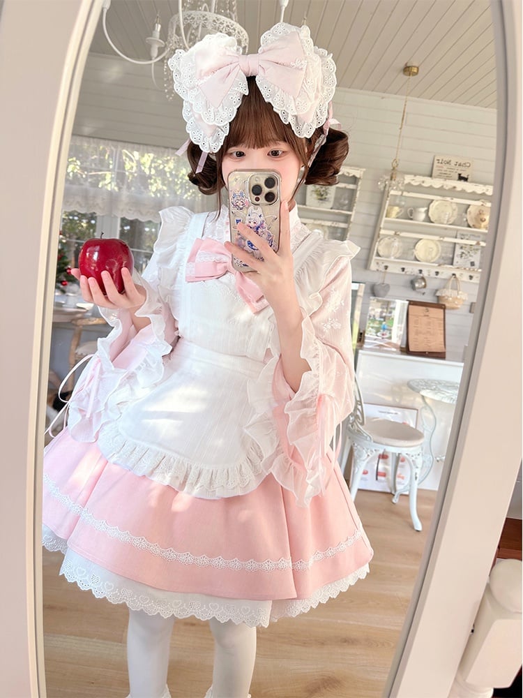 ピンク＆ホワイトの桜ジライケイ フルセット - ベルスリーブトップ+パフスカート+エプロン 桜祭り 和風衣装