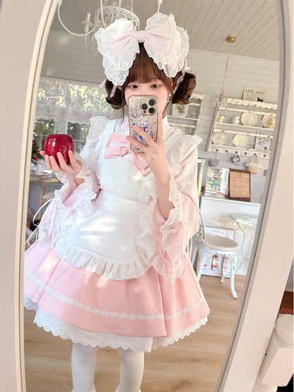 ピンク＆ホワイトの桜ジライケイ フルセット - ベルスリーブトップ+パフスカート+エプロン 桜祭り 和風衣装