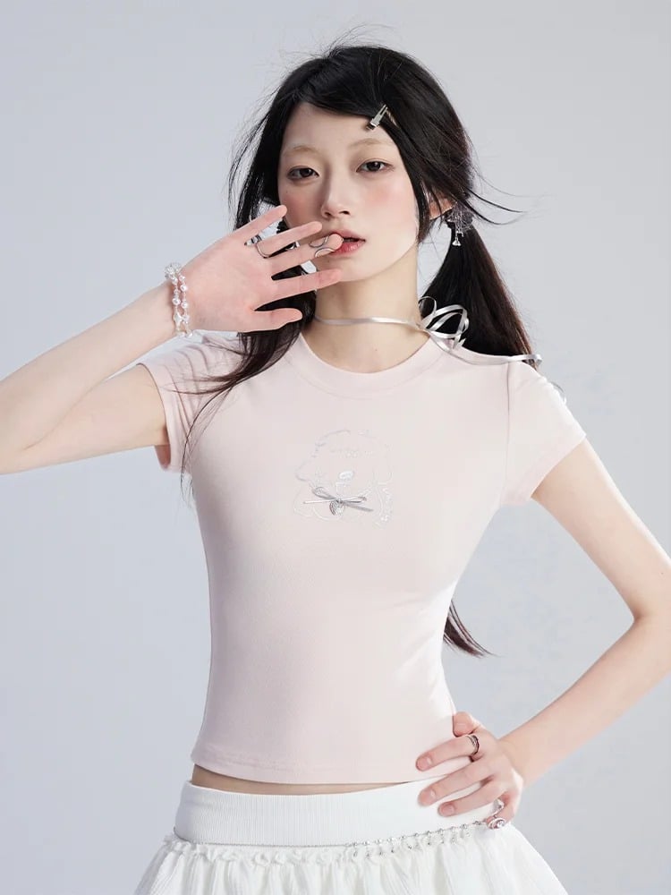 T-Shirt Puppy Print Heart Cropped Adorable Pink Charm Bittersweet