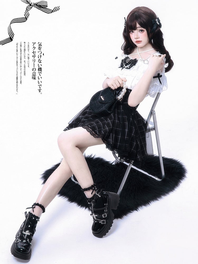 Bow Black Dual Skirt Jirai with Overlay Accents Plaid Layered High Waist Kei