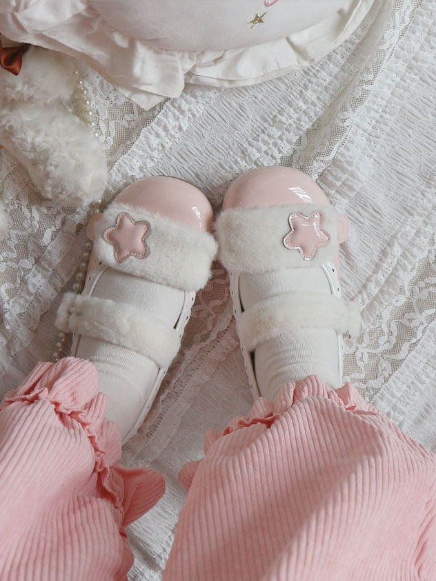 Accent Plush Star Sweet Button Flats White Strap Snap Pink - PU