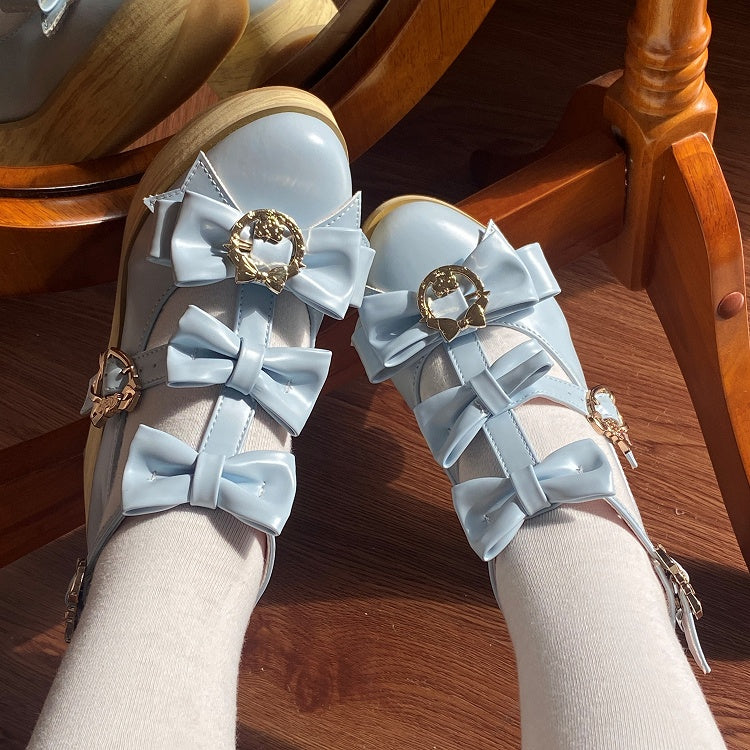 Light Heart-shaped Lolita 6cm Shoes with Snap Blue Hime Design Platform T-strap